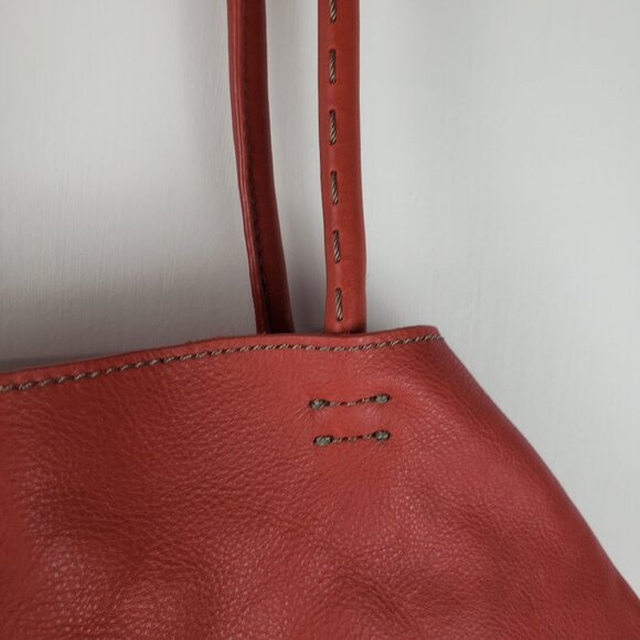 J Jill Coral Leather Tote Bag Purse Removable Pocket Hexagonal Unlined - Picture 4 of 13